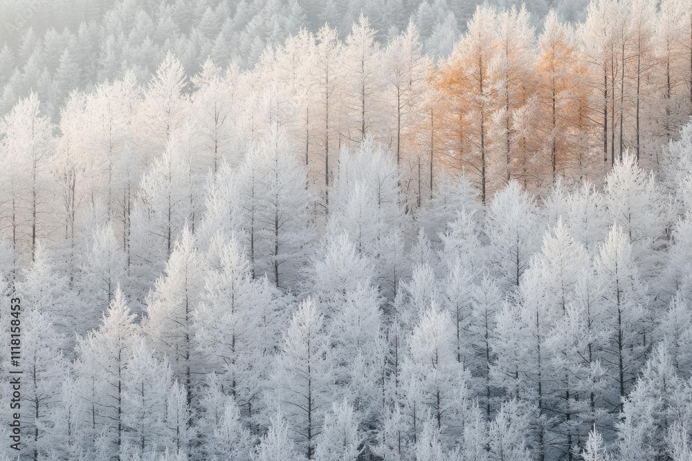 A serene winter landscape with frosted trees and a hint of color. A serene winter landscape with frosted trees and a hint of color.