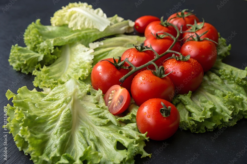 Fresh Tomatoes and Crisp Lettuce Arranged on a Dark Background for Culinary Use Fresh Tomatoes and Crisp Lettuce Arranged on a Dark Background for Culinary Use