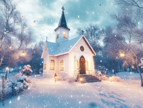 Wallpaper Mural Snowy winter church scene at night with warm lights. Torontodigital.ca