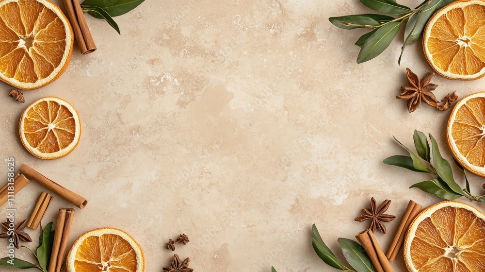 custom made wallpaper toronto digitalDried orange slices with cinnamon sticks on beige background, christmas card