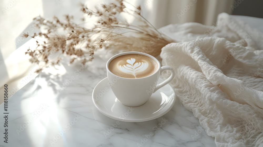 Latte art in white cup on marble table with dried flowers Latte art in white cup on marble table with dried flowers