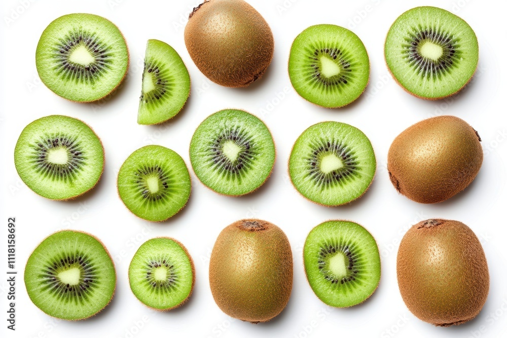 Fototapeta premium Set of fresh kiwis displayed in various forms whole, halved and sliced