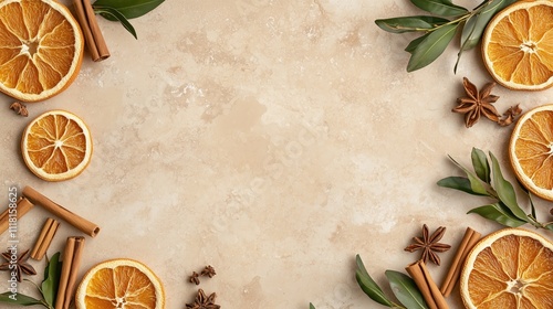 Wallpaper Mural Dried orange slices with cinnamon sticks on beige background, christmas card Torontodigital.ca