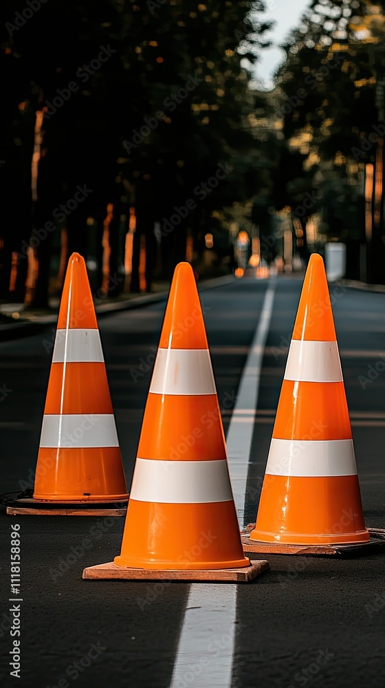 Red and white traffic bollards line a newly asphalted street in a residential area undergoing development on a clear day Red and white traffic bollards line a newly asphalted street in a residential area undergoing development on a clear day