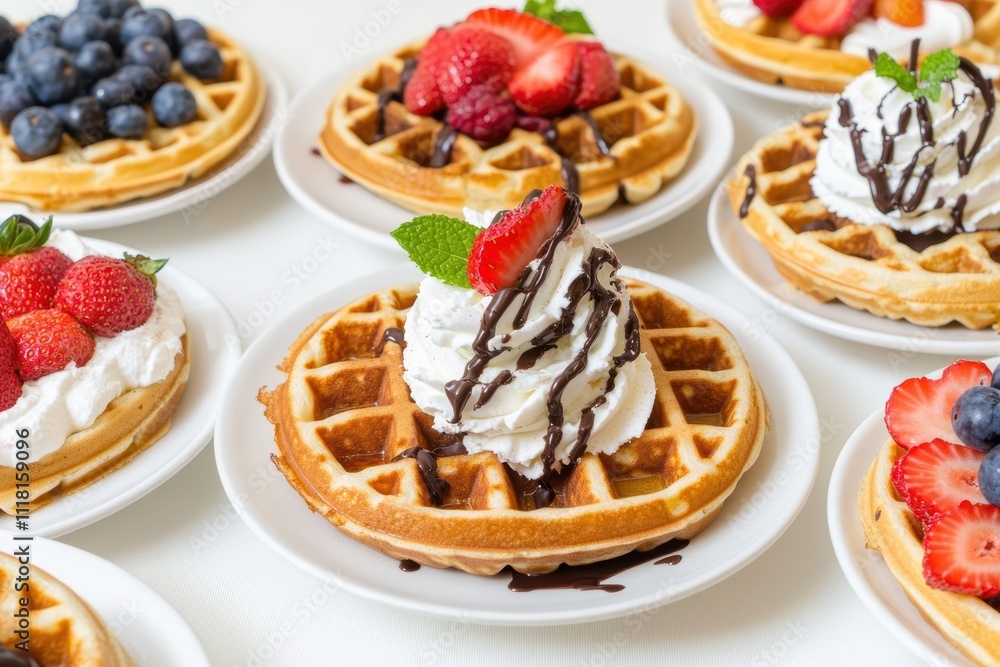 An assortment of waffles presented on plates with strawberries, blueberries and whipped cream An assortment of waffles presented on plates with strawberries, blueberries and whipped cream