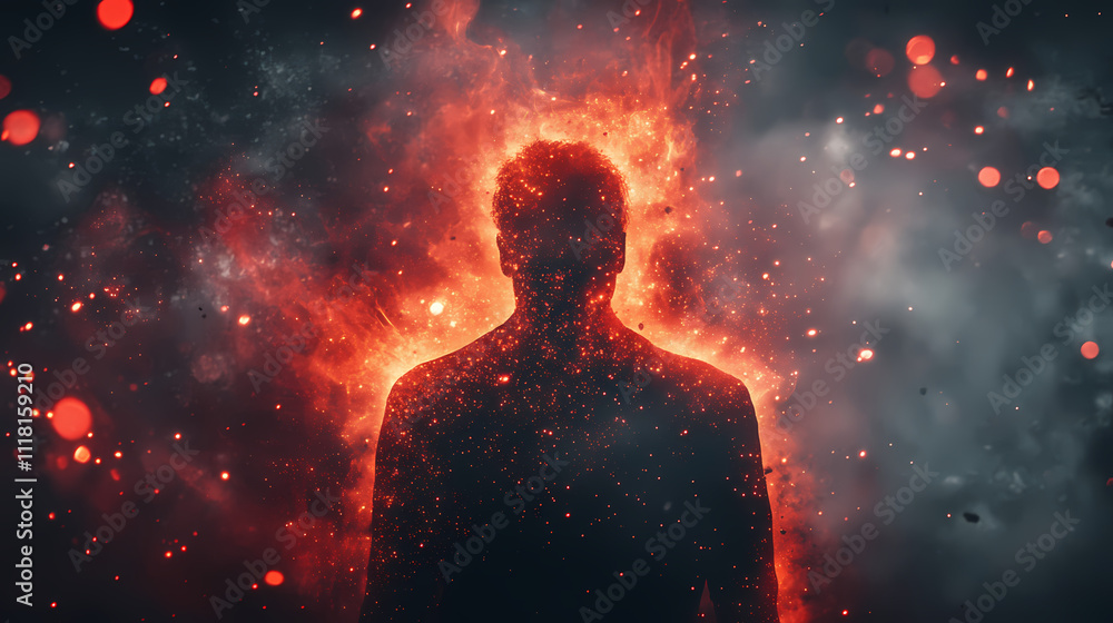 Mysterious figure with glowing red sparks in magical, dark setting. Aether. Illustration Mysterious figure with glowing red sparks in magical, dark setting. Aether. Illustration