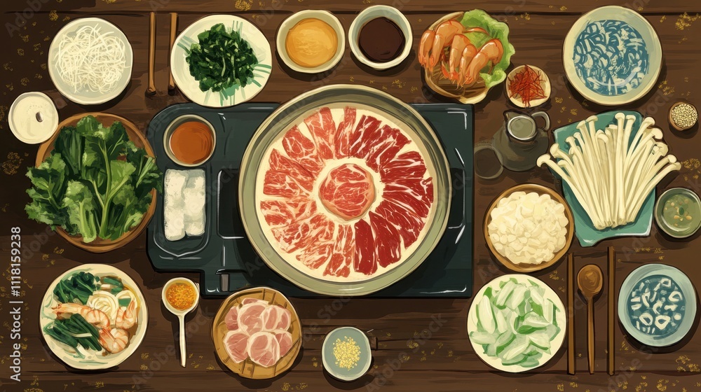 Cozy Japanese Hotpot Table Setting with Variety of Ingredients Cozy Japanese Hotpot Table Setting with Variety of Ingredients