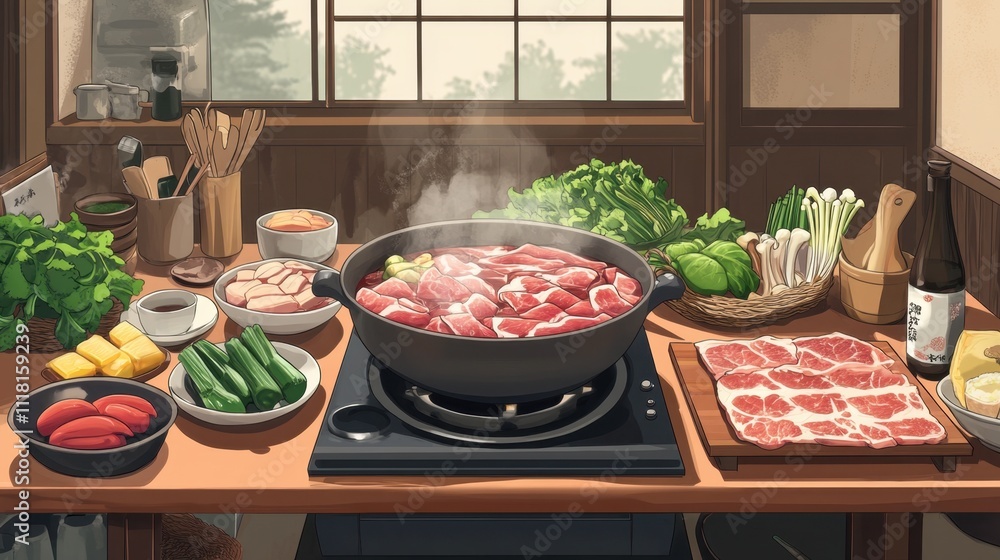 Cozy Japanese Hotpot Table Setting with Fresh Ingredients Cozy Japanese Hotpot Table Setting with Fresh Ingredients