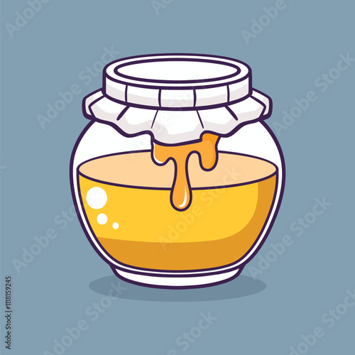 A vector illustration of honey in a bottle in a jar dripping