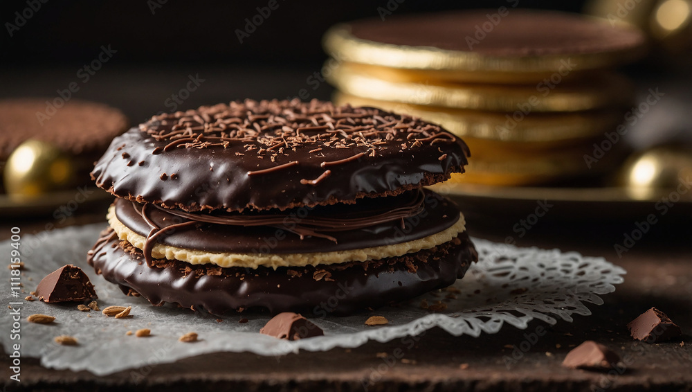 Two stacks of sandwich cookies, topped with chocolate and sprinkles. Dark chocolate, light cookies.
Two stacks of sandwich cookies, topped with chocolate and sprinkles. Dark chocolate, light cookies.