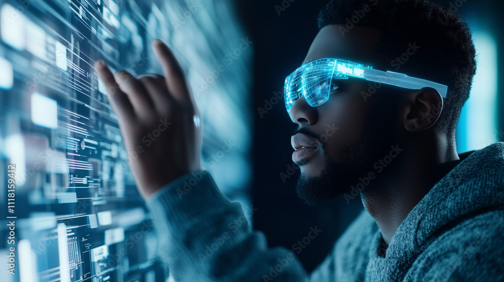 An immersive e-learning scenario where a man explores web-based training modules, aided by a virtual AI coach displaying real-time suggestions An immersive e-learning scenario where a man explores web-based training modules, aided by a virtual AI coach displaying real-time suggestions