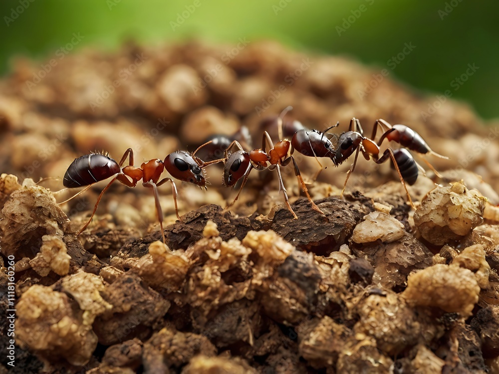Two Red Ants Confronting Each Other On Soil
