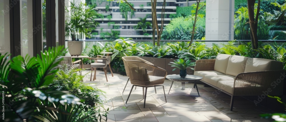 Fototapeta premium A lush urban patio adorned with greenery, inviting outdoor seats, and dappled sunlight through leaves.