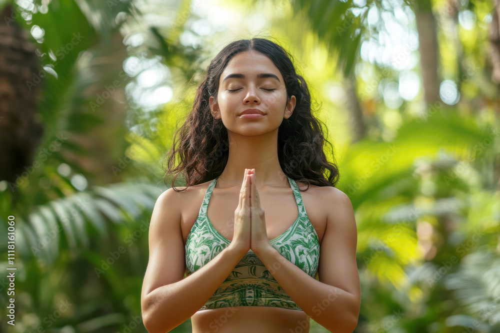 Calm young Hispanic woman holding hands in namaste meditating doing yoga breathing exercises Calm young Hispanic woman holding hands in namaste meditating doing yoga breathing exercises
