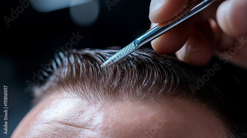 The meticulous placement of hair follicles is highlighted, with the surgeonâs tools and techniques taking center stage photo