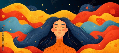 Abstract outline of girl flowing hair and a peaceful expression conveying themes of growth and potential leaving room for positive messages photo