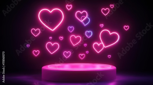 A pink podium with floating social media chat bubbles adorned by glowing neon hearts