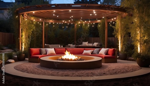 There is a reddish-brown fire pit in the ground, surrounded by a light-brown pergola, vines, and a circular, stylish, plush built-in seating area with lights. Curved pea gravel is also placed around t photo