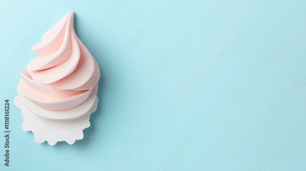 A cute, simple, minimalistic paper cutout of the edge of a pastel blue background with a light pink and white ice cream swirl on top. Flat lay, high resolution, studio lighting A cute, simple, minimalistic paper cutout of the edge of a pastel blue background with a light pink and white ice cream swirl on top. Flat lay, high resolution, studio lighting
