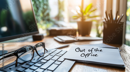 An elegant office desk setup with a monitor, keyboard, and a handwritten "Out of the Office" note resting near a pair of glasses