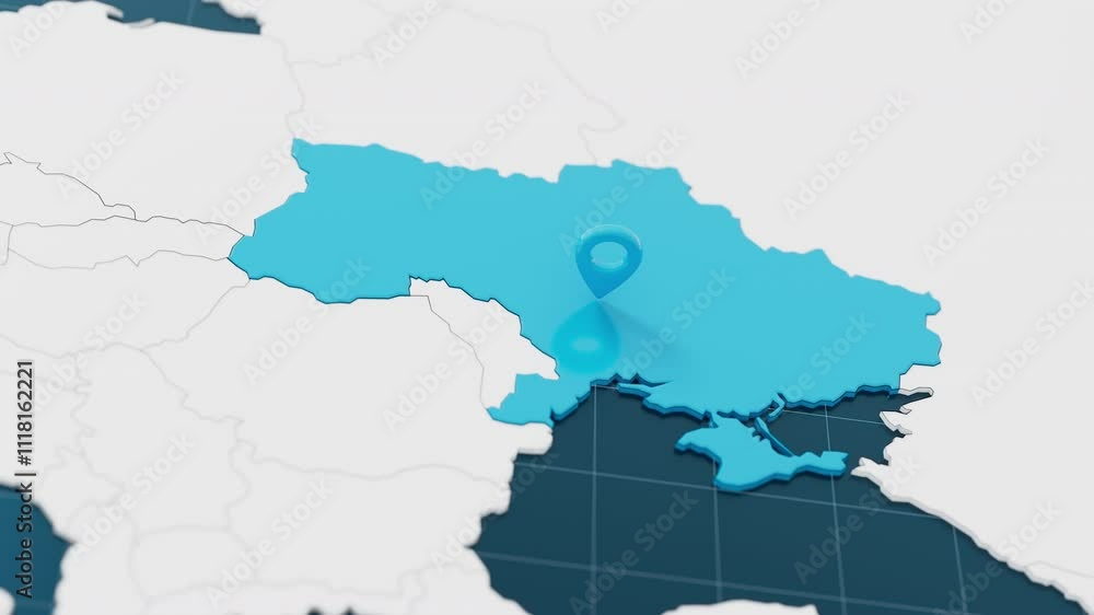 Highlight with blue of Ukraine 3d map with pointer pin surrounded with other countries in white. Europe political map with borders animation. 3d render