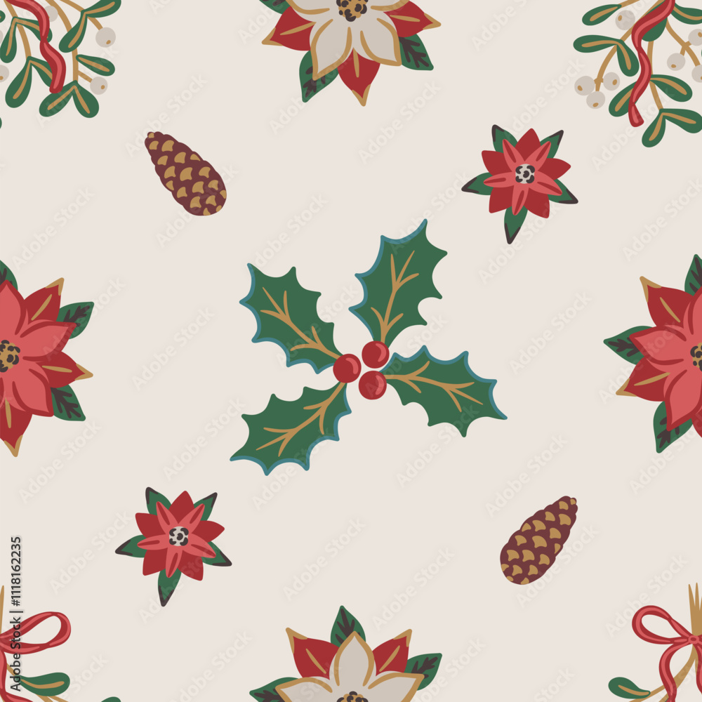 Seamless pattern of hand drawn Christmas motifs including poinsettias, holly leaves with berries, mistletoe bunches tied with bows, and pinecones on beige background. Festive vector Xmas design Seamless pattern of hand drawn Christmas motifs including poinsettias, holly leaves with berries, mistletoe bunches tied with bows, and pinecones on beige background. Festive vector Xmas design