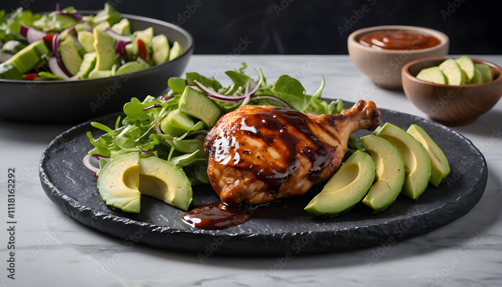 Grilled chicken thigh with barbecue glaze, paired with fresh mixed greens, cucumber, and avocado on a black stone plate Grilled chicken thigh with barbecue glaze, paired with fresh mixed greens, cucumber, and avocado on a black stone plate