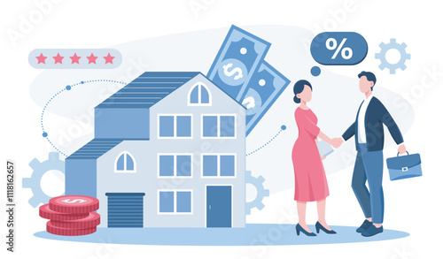 Invest money in real estate. Man and woman shake hands against background of building with banknotes and coins. Financial literacy and passive income. Realtor and investor. Flat vector illustration