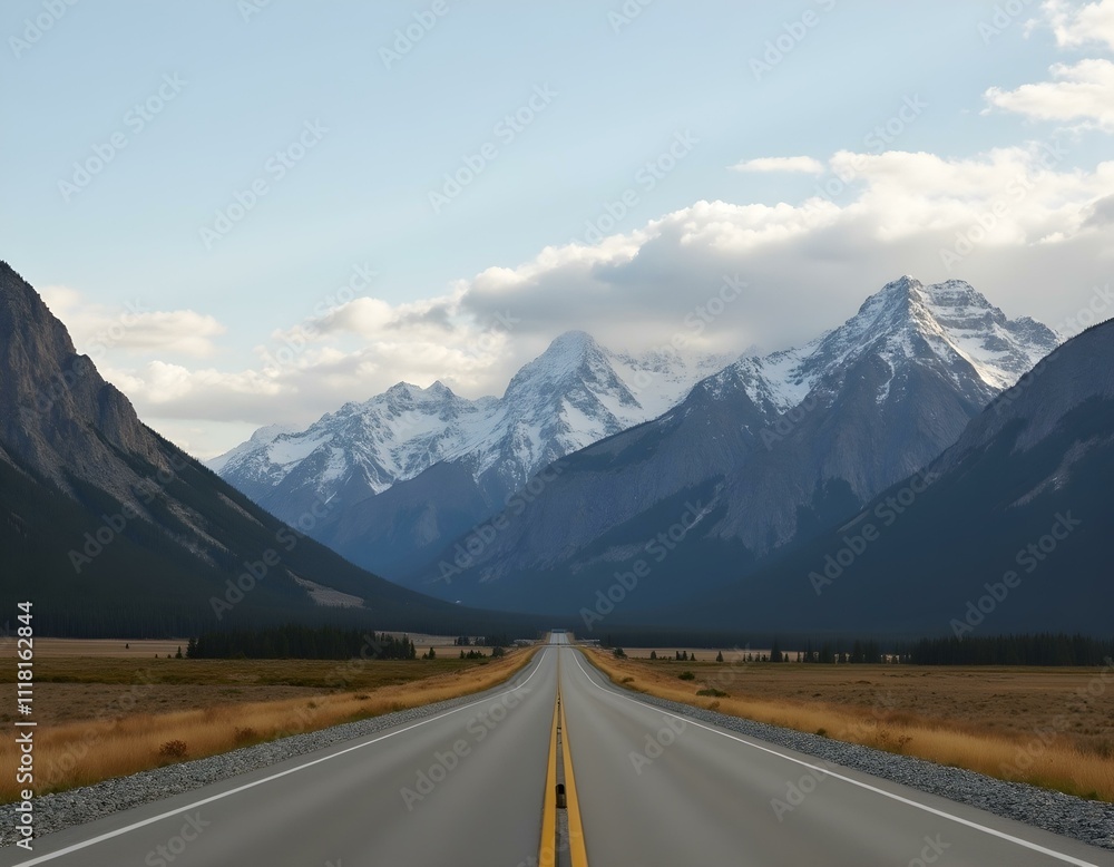 Scenic landscape with David Thompson Highway and mountains of Canadian Rockies, Icefields Parkway, Alberta, Canada Scenic landscape with David Thompson Highway and mountains of Canadian Rockies, Icefields Parkway, Alberta, Canada