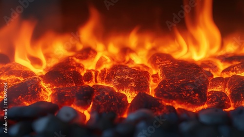 Glowing embers in fireplace during cold evening. photo