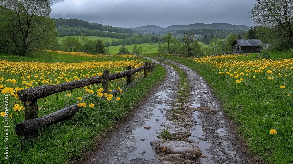 Fototapeta premium Scenic rural path with blooming dandelions.