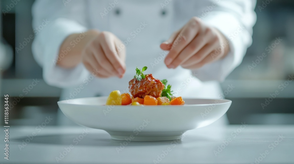 Chef Finishing a Dish with a Garnish Chef Finishing a Dish with a Garnish