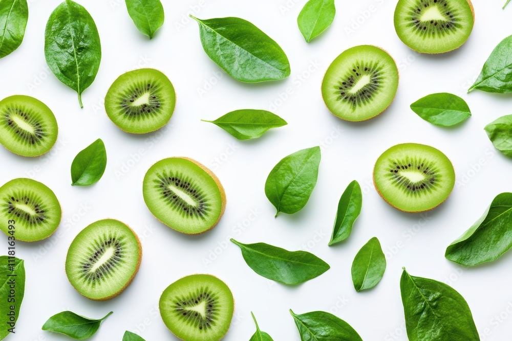 Fototapeta premium Green kiwi slices and green leaves scattered across a clean white background
