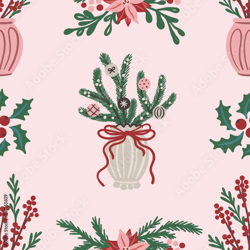 Seamless pattern of Christmas floral arrangements with vases, poinsettia, holly berries, pine branches and festive ornaments. Hand drawn pink vector design for wrapping paper, textile, wallpaper