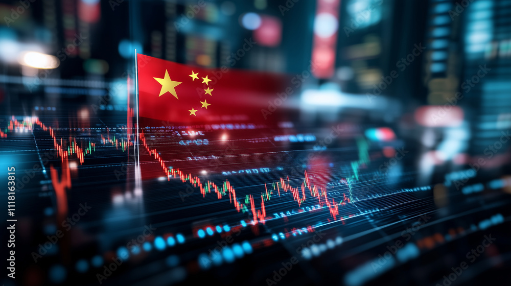 A vivid Chinese flag with its iconic red background and golden stars, set against a stock market chart showing dynamic graphs and growth trends, representing the nation's economic A vivid Chinese flag with its iconic red background and golden stars, set against a stock market chart showing dynamic graphs and growth trends, representing the nation's economic