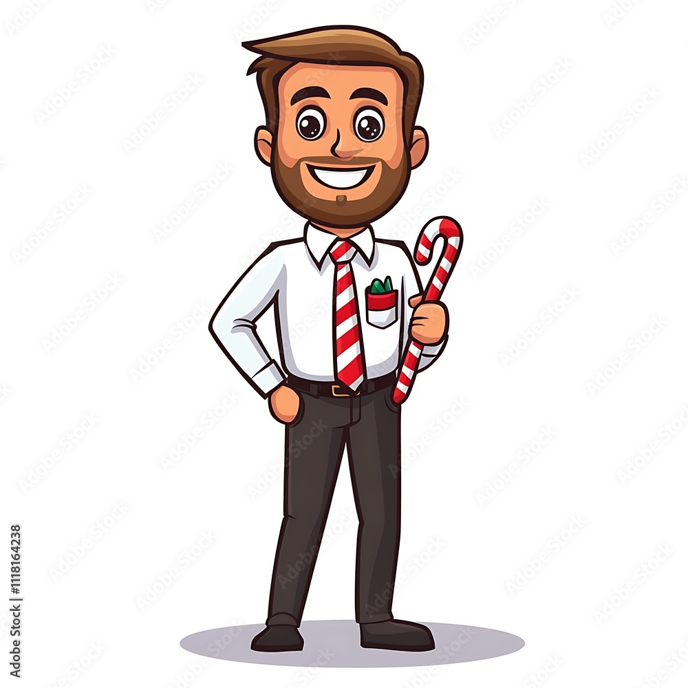 Cartoon employee with a candy cane in their pocket on a white background