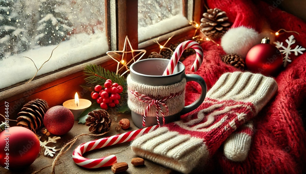 Winter Christmas background - cup with candy cane, woolen scarf and gloves on windowsill and winter scene outdoors. Christmas background with concept of spending winter holidays at cozy home Winter Christmas background - cup with candy cane, woolen scarf and gloves on windowsill and winter scene outdoors. Christmas background with concept of spending winter holidays at cozy home