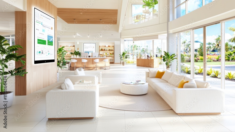 Modern and Bright Lobby Interior Design with Tropical View. Modern and Bright Lobby Interior Design with Tropical View.