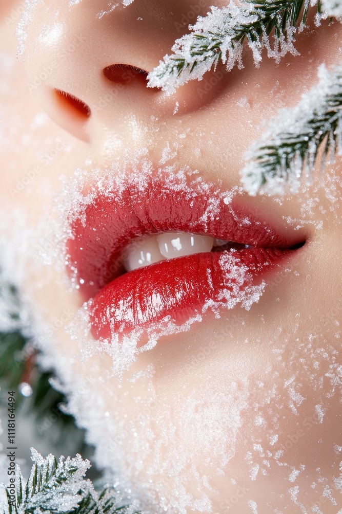 Fototapeta premium Close Up of Model's Lips Adorned with Rich Burgundy Lipstick