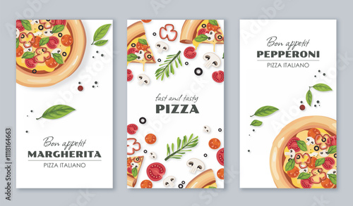 Italian pizza flyers set. Traditional italian cuisine. Fast food and takeaway eating. Dough with sausage and cheese. Brochure and booklet. Flat vector collection