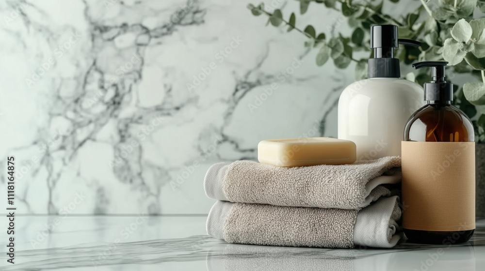 Tidy display of soap, dispenser bottles, and towels on a marble countertop adds a touch of elegance to daily hygiene routines and evokes a spa-inspired ambiance Tidy display of soap, dispenser bottles, and towels on a marble countertop adds a touch of elegance to daily hygiene routines and evokes a spa-inspired ambiance