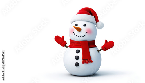 Snowman wearing a red Santa Claus hat with white pompom and red mittens.