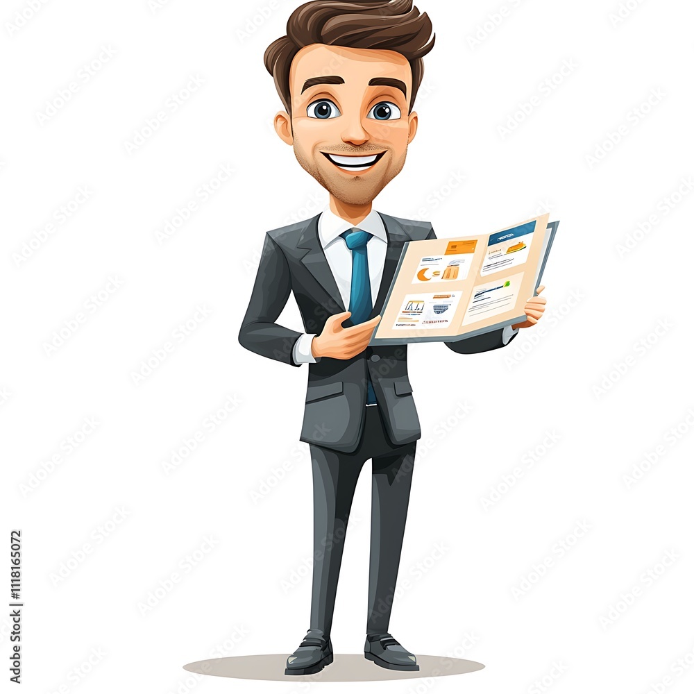 Cartoon sales guy in a suit with a name tag, shaking hands with a client on a white background. Cartoon sales guy in a suit with a name tag, shaking hands with a client on a white background.