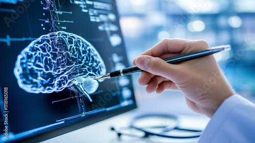 A neurologist's hand holding a pen while pointing at a detailed brain scan on a digital monitor, showing areas affected by Alzheimer's, with a stethoscope in the background photo