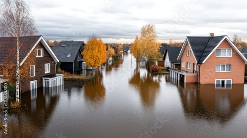 High above a village, floodwaters engulf homes as storm clouds loom ominously above during the summer season