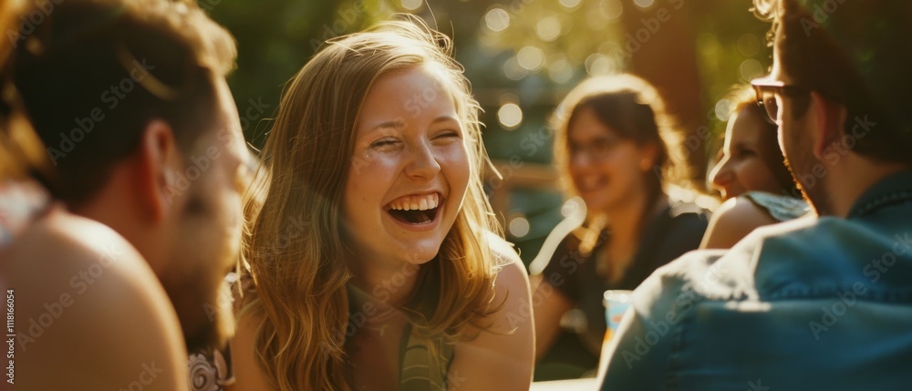 Fototapeta premium Friends share laughter in a sun-dappled outdoor setting, capturing a moment of genuine joy and warmth.