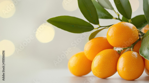 Fresh kumquats with vibrant green leaves, set against a soft, blurred background, showcasing their bright orange color and natural texture.