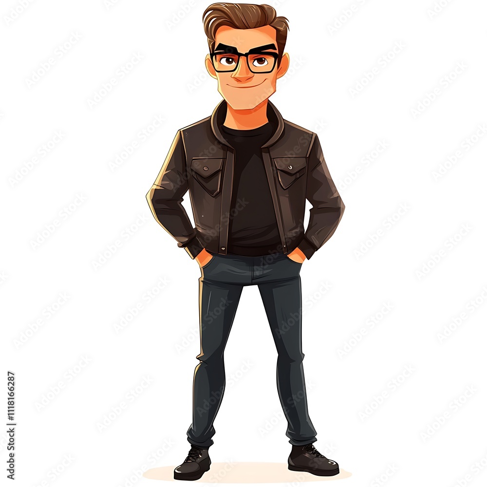 Cartoon middle-aged man in a leather jacket and slim-fit jeans on a white background Cartoon middle-aged man in a leather jacket and slim-fit jeans on a white background