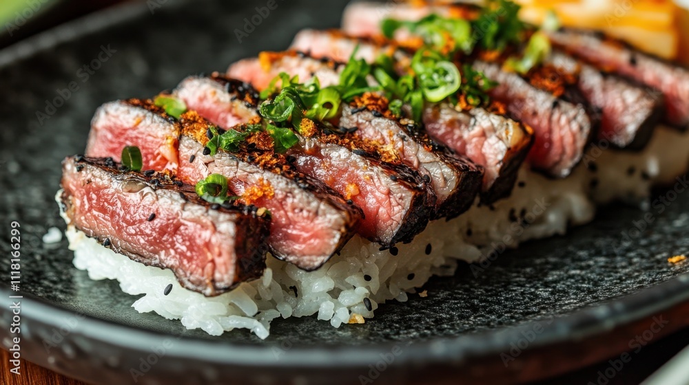 High-End Wagyu Sushi Presentation on Elegant Plate High-End Wagyu Sushi Presentation on Elegant Plate