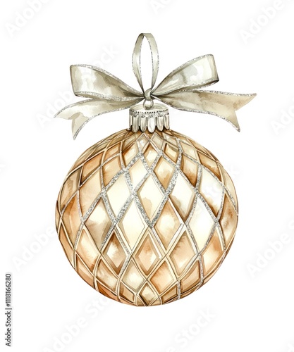 Watercolor illustration of a beige Christmas ball with mosaic pattern adorned with a silver ribbon tied in a bow isolated on white background.